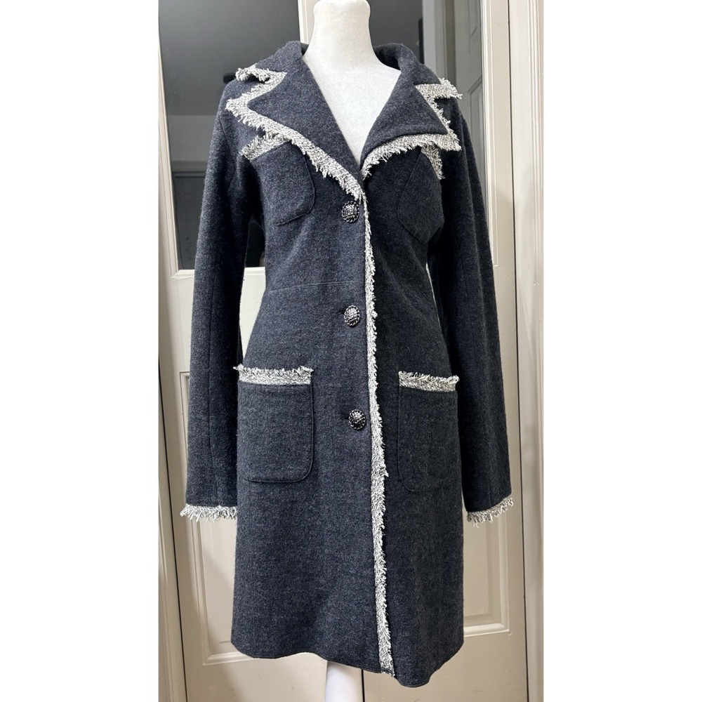 Karl Lagerfeld Paris Sweater Coat Duster Cardigan Medium Wool Blend Fringe Trim